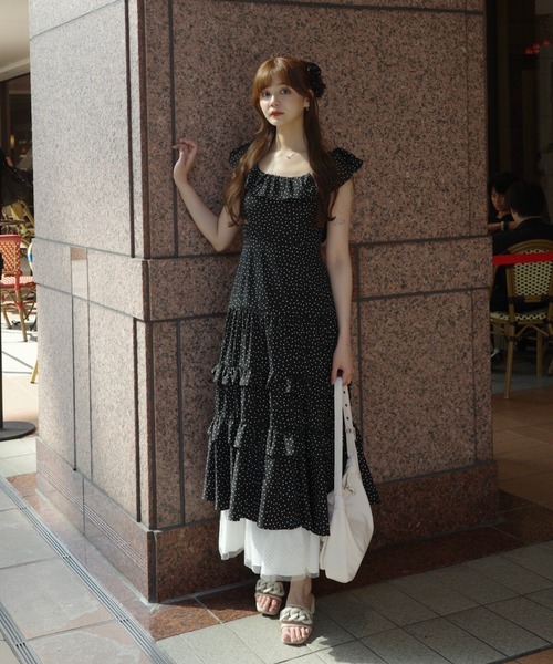 アイボリー ドット柄 フリルドレス ワンピース dot × many frill onepiece / フリルドットワンピース