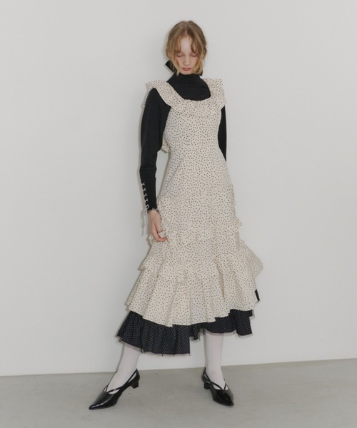 アイボリー ドット柄 フリルドレス ワンピース dot × many frill onepiece / フリルドットワンピース