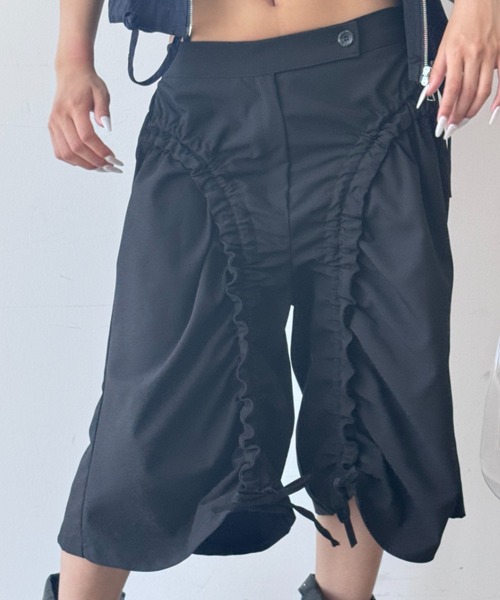 スラックス パンツ 「ドローストリング」変形ハーフパンツ レディース