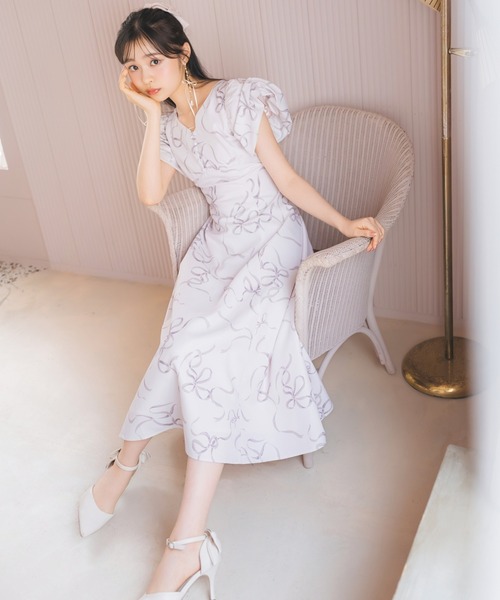 WILLSELECTION ワンピース リボンプリントバブルスリーブフレア