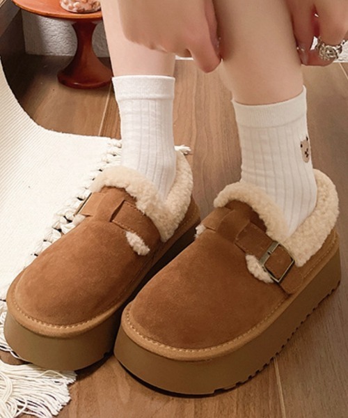 ボア付き厚底フラットシューズ ベージュ おしゃれスタ シューズ ボア厚底ムートン風シューズ レディース