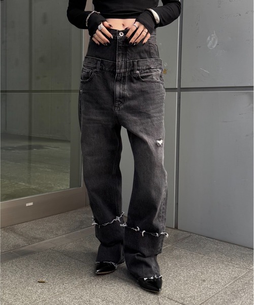 希少タグ付き　ルイス スタッズワイドストレートデニムパンツ 黒 ヴィンテージ加工 Lui's（ルイス） ワイドパンツ ジーンズ デニム デニムパンツ ダブル