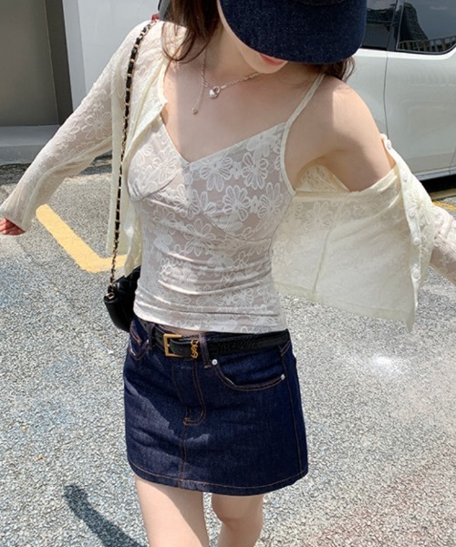 カーディガン アイボリーレースシアーカーディガン レディース