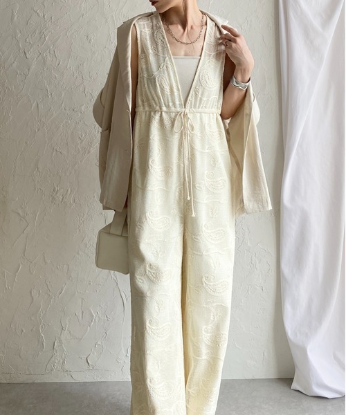 She's Closet サロペット オーバーオール 刺繍レース 深Vネック