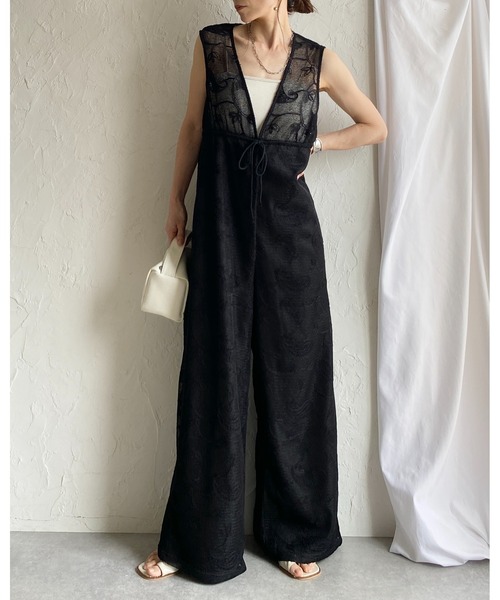黒サロペット フリーサイズ スリーブレス She's Closet サロペット オーバーオール 刺繍レース 深Vネック
