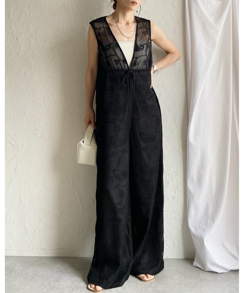 She's Closet サロペット オーバーオール 刺繍レース 深Vネック