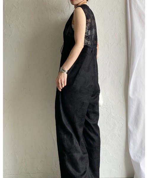 ブラック 刺繍レース サロペット オールインワン She's Closet サロペット オーバーオール 刺繍レース 深Vネック