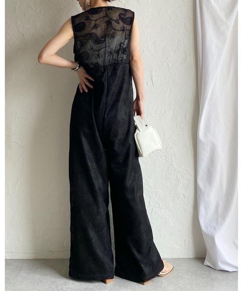 She's Closet サロペット オーバーオール 刺繍レース 深Vネック