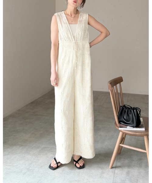 ジャガード織 ノースリーブ サロペット She's Closet サロペット オーバーオール 刺繍レース 深Vネック