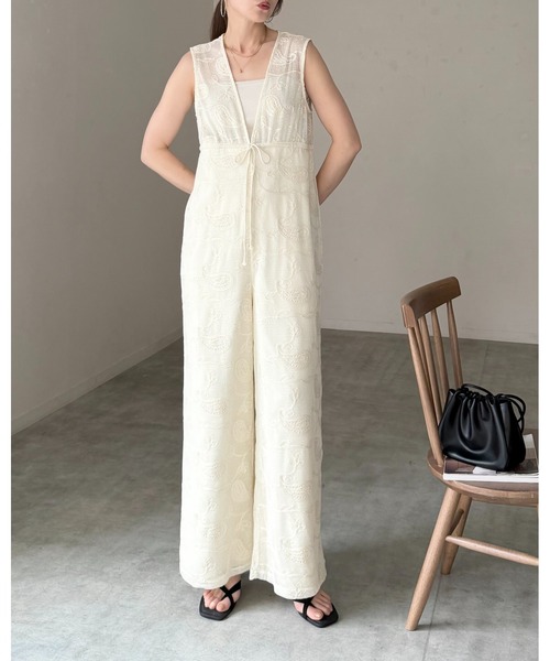 She's Closet サロペット オーバーオール 刺繍レース 深Vネック