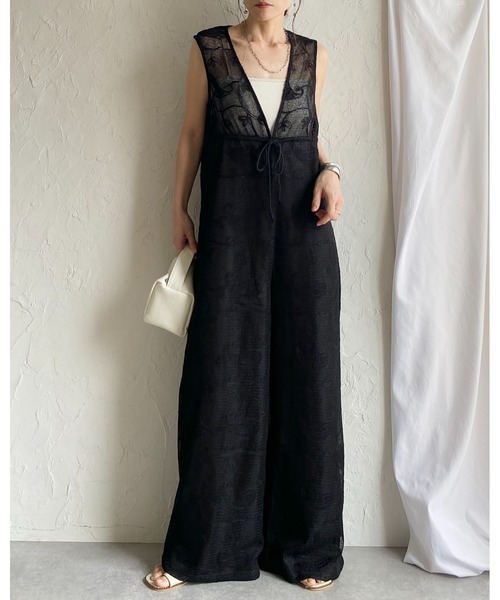 She's Closet サロペット オーバーオール 刺繍レース 深Vネック