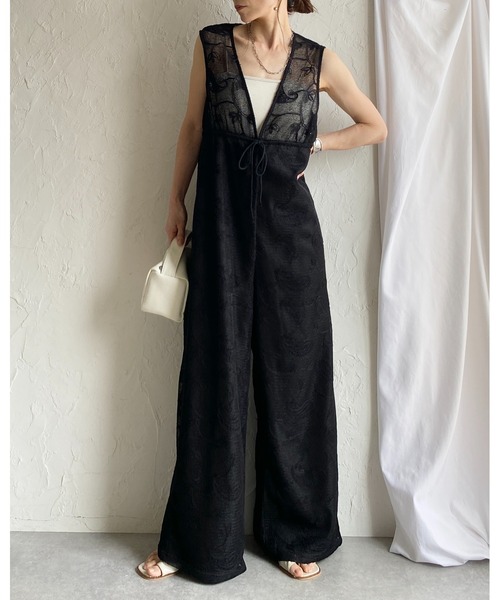 She's Closet サロペット オーバーオール 刺繍レース 深Vネック