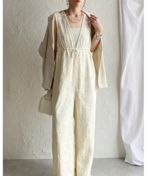 She's Closet サロペット オーバーオール 刺繍レース 深Vネック