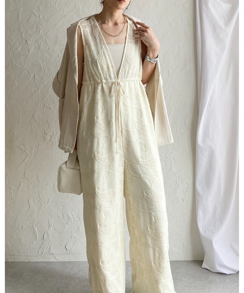She's Closet サロペット オーバーオール 刺繍レース 深Vネック