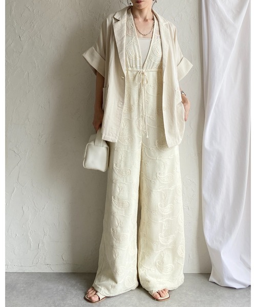 She's Closet サロペット オーバーオール 刺繍レース 深Vネック
