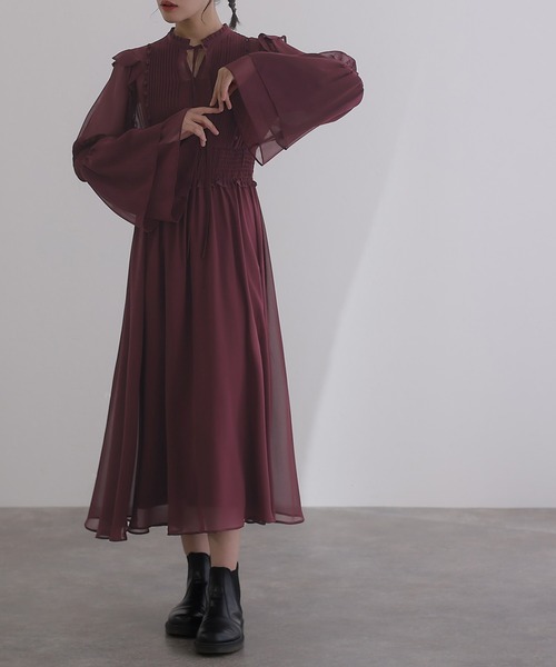 atlo（アトロ） ドレス 袖あり＆ミモレ丈 パーティードレス ピンタック