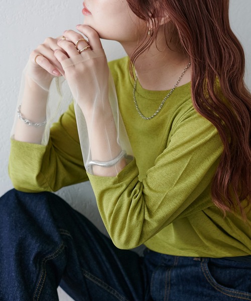 シアースリーブプルオーバー ／ Tシャツ トップス カットソー レディース 春 夏 シンプル 異素材切り替え ぽってり 袖 シアー 透け感 ワンポイント 異素材ドッキング 袖シアー プルオーバー[品番：GW000004824