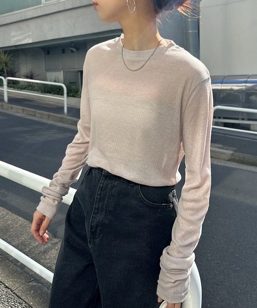 andme tシャツ テレコシアークルーネック長袖トップス