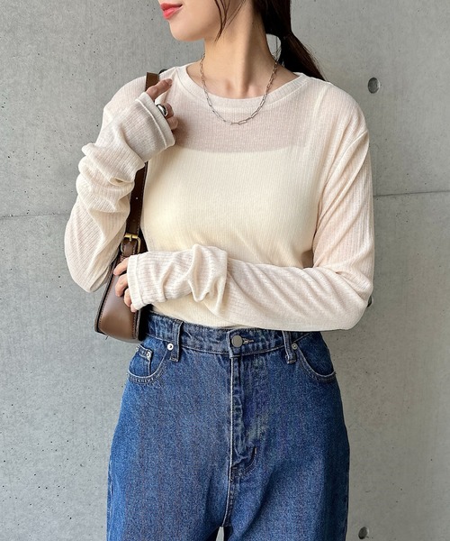tシャツ テレコクルーネックトップス レディース andme tシャツ テレコシアークルーネック長袖トップス
