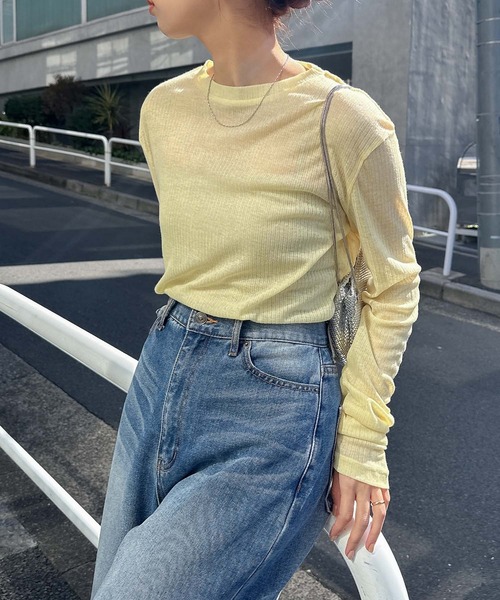 andme tシャツ テレコシアークルーネック長袖トップス