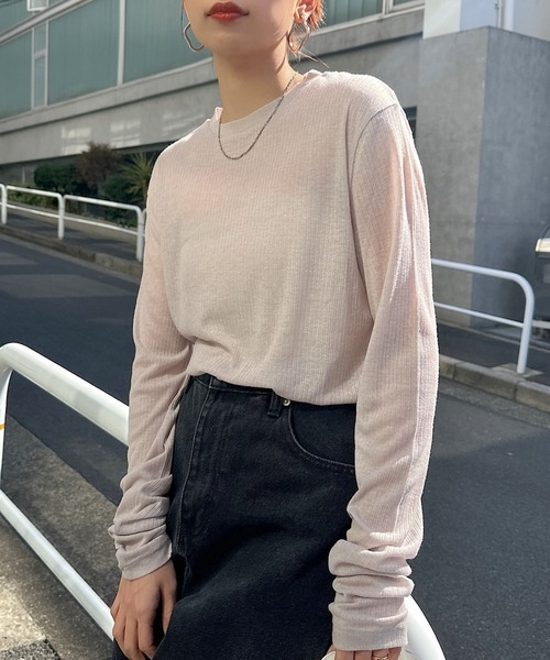tシャツ テレコクルーネックトップス レディース andme tシャツ テレコシアークルーネック長袖トップス