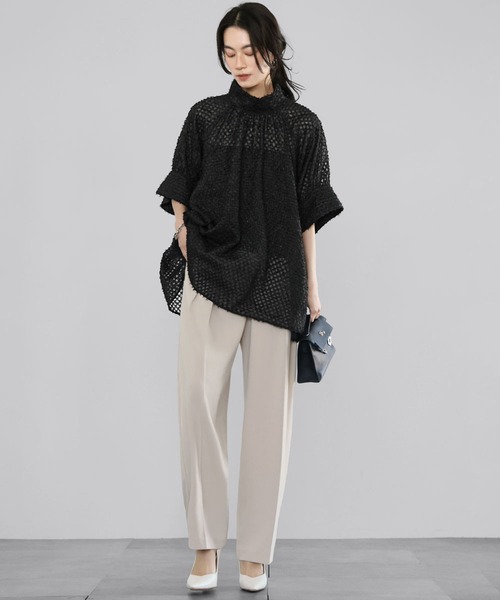 チェックジャガードハイネックシャツ ディープネイビー fruits of life>コットンハイネックシャツ / 濃藍色(ネイビー