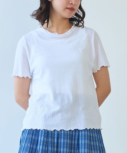 tシャツ 強撚針抜ジャカード ハイネック半袖プルオーバー レディース