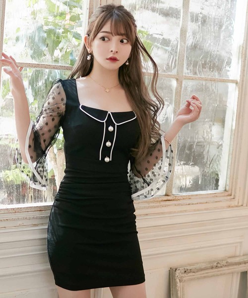 Tika ドット柄シースルーパフスリーブ袖ありタイトミニドレス キャバドレス Tika ワンピース 韓国ワンピースドット柄シースルーパフスリーブ