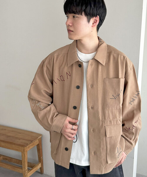 ブラウス シャツ 「ユニセックス」コード刺繍オーバーシャツ レディース メンズ Discoat ブラウス シャツ 「ユニセックス」手書き刺繍オーバー