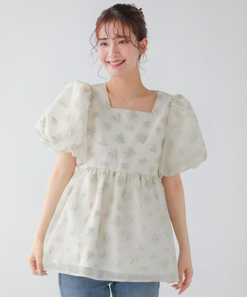 Fit more 刺しゅうジャガードバックリボンペプラムトップス