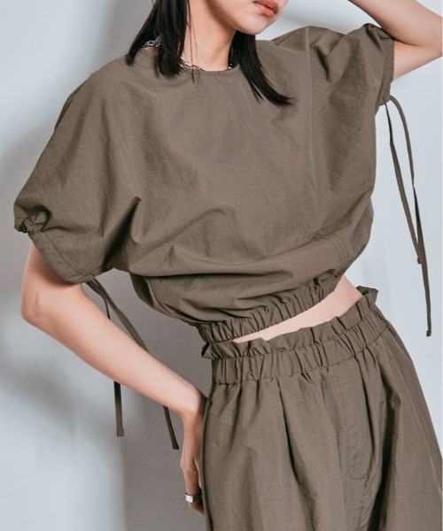tシャツ 撥水 ナイロン ギャザー ショート トップス レディース