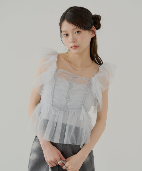 Chez VIDALENC ブラウス フリルシャツ Mini Medici AMBIDEX Store △○80satin frill puff ブラウス(F DENIM): FLAT