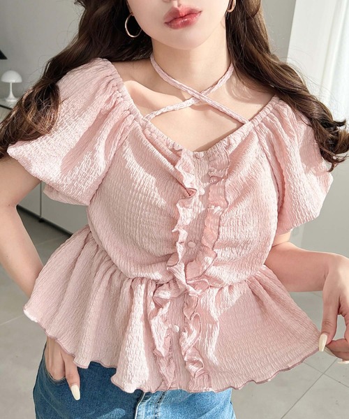 moment+ tシャツ クロスネックフロントフリルペプラム半袖トップス