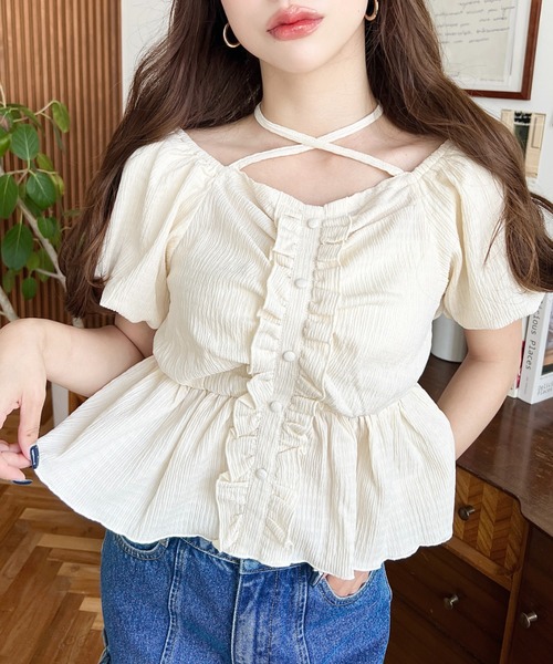 moment+ tシャツ クロスネックフロントフリルペプラムトップス