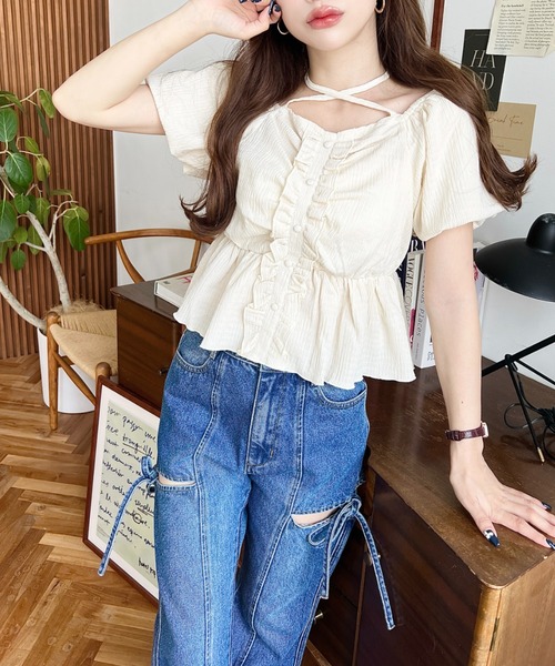 トップス Sho moment+ tシャツ クロスネックフロントフリルペプラムトップス