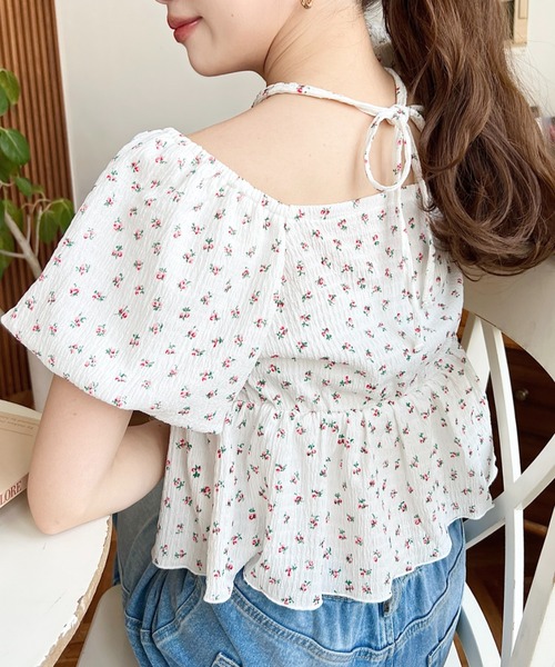 moment+ tシャツ クロスネックフロントフリルペプラム半袖トップス