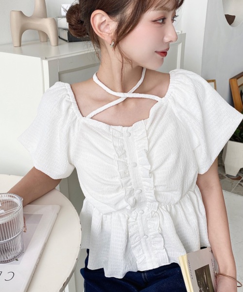 moment+ tシャツ クロスネックフロントフリルペプラム半袖トップス