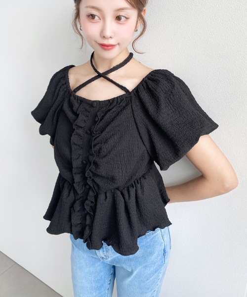 moment+ tシャツ クロスネックフロントフリルペプラム半袖トップス