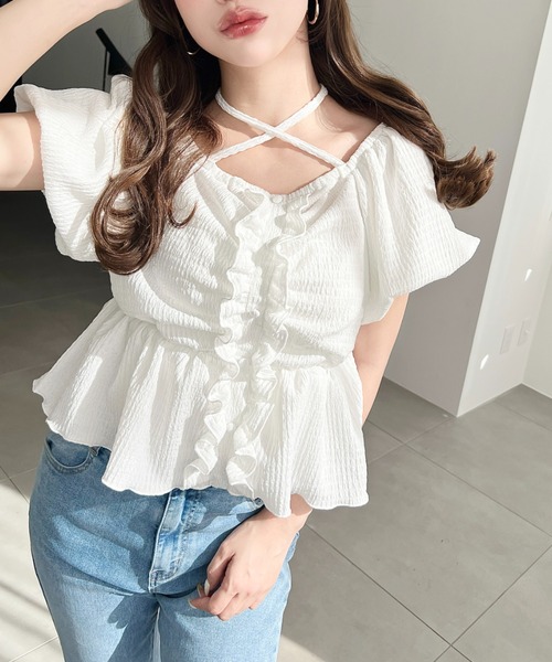 moment+ tシャツ クロスネックフロントフリルペプラム半袖トップス