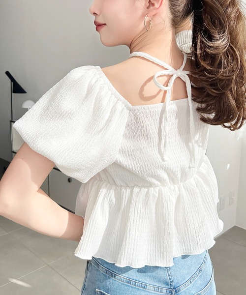 moment+ tシャツ クロスネックフロントフリルペプラム半袖トップス