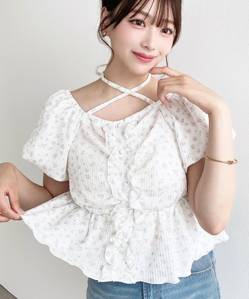 moment+ tシャツ 半袖 クロスネックフロントフリルペプラム半袖