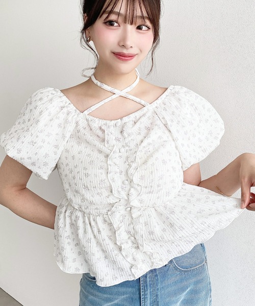 moment+ tシャツ 半袖 クロスネックフロントフリルペプラム半袖