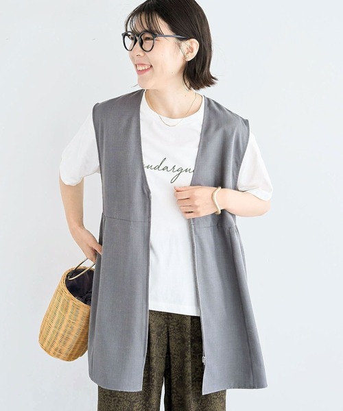 Green Parks（グリーンパークス） ベスト ジレ 麻調ミディ丈ZIPベスト