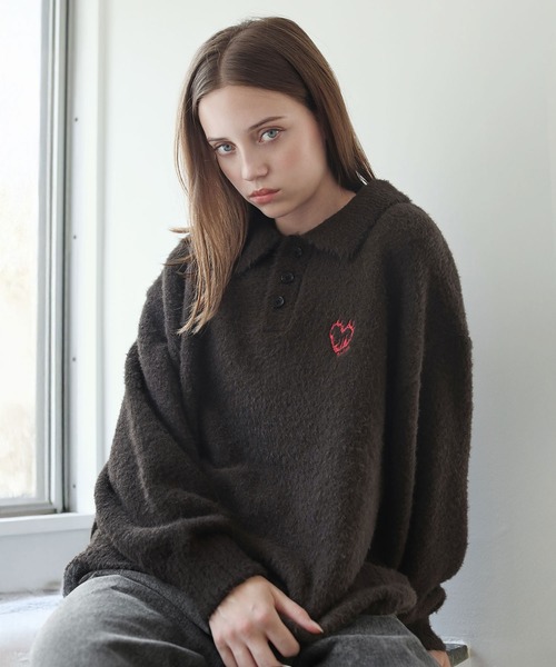 ROCHEM（ローシェン） セーター ニット ハートロゴ刺繍シャギー