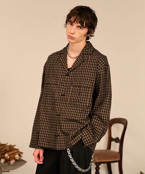 Forte シャツ Grid Check Open Collar Shirt/グリッドチェックオープン
