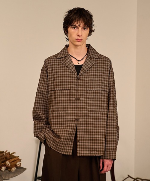 Forte シャツ Grid Check Open Collar Shirt/グリッドチェックオープン