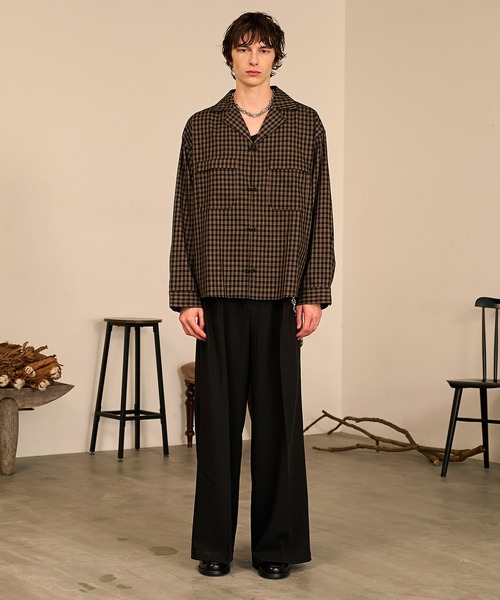 Forte シャツ Grid Check Open Collar Shirt/グリッドチェックオープン