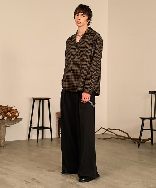 Forte シャツ Grid Check Open Collar Shirt/グリッドチェックオープン