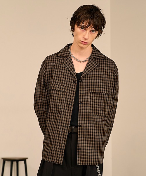 Forte シャツ Grid Check Open Collar Shirt/グリッドチェックオープン