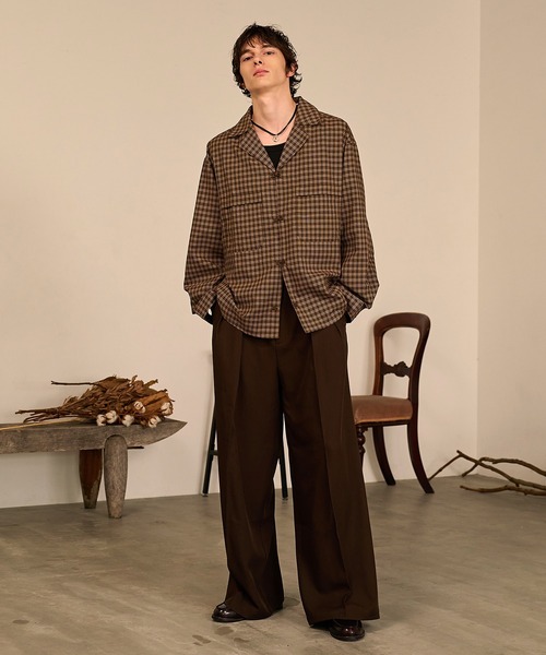 Forte シャツ Grid Check Open Collar Shirt/グリッドチェックオープン